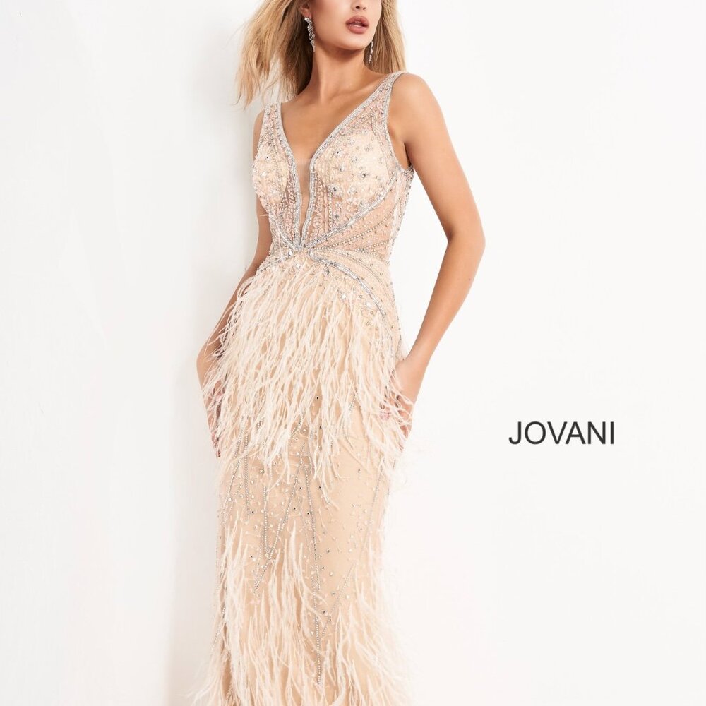 Jovani - 03023 BLUSH - Sheer Bodice Beaded Feather Mermaid Evening Gown